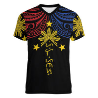 Philippines Heritage Personalized Women V-Neck T-Shirt Baybayin Philipinas Sun