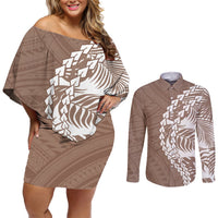 Polynesian Pride Couples Matching Off Shoulder Short Dress and Long Sleeve Button Shirts Polynesia Tribal - Tropical Brown LT7 Brown - Polynesian Pride