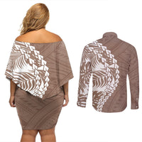 Polynesian Pride Couples Matching Off Shoulder Short Dress and Long Sleeve Button Shirts Polynesia Tribal - Tropical Brown LT7 - Polynesian Pride