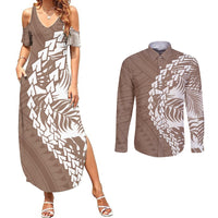 Polynesian Pride Couples Matching Summer Maxi Dress and Long Sleeve Button Shirts Polynesia Tribal - Tropical Brown LT7 Brown - Polynesian Pride