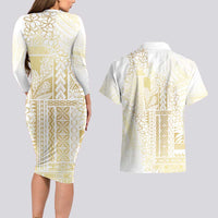 Samoa Lotu Tamaiti Mamanu Siapo Couples Matching Long Sleeve Bodycon Dress and Hawaiian Shirt Golden Plumeria - Polynesian Pride