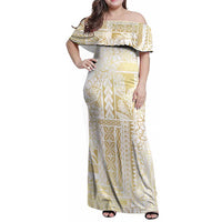 Samoa Lotu Tamaiti Mamanu Siapo Family Matching Off Shoulder Maxi Dress and Hawaiian Shirt Golden Plumeria - Polynesian Pride