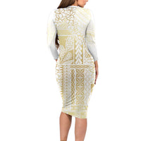 Samoa Lotu Tamaiti Mamanu Siapo Long Sleeve Bodycon Dress Golden Plumeria - Polynesian Pride