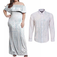 Samoa Lotu Tamaiti Mamanu Siapo Couples Matching Off Shoulder Maxi Dress and Long Sleeve Button Shirt Off White Plumeria - Polynesian Pride