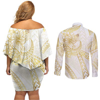 Samoa Lotu Tamaiti Gold Couples Matching Off Shoulder Short Dress and Long Sleeve Button Shirt Teuila Tatau - Polynesian Pride