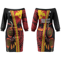 Papua New Guinea Independence Personalised Family Matching Off The Shoulder Long Sleeve Dress and Hawaiian Shirt PNG Bagi and Lime Pot LT7 Mom's Dress Black - Polynesian Pride