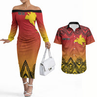 Papua New Guinea 1975 To The Future Personalised Couples Matching Off The Shoulder Long Sleeve Dress and Hawaiian Shirt Sepik Masks LT7 Red - Polynesian Pride