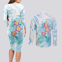 Sea Blue Polynesian Jellyfish Couples Matching Long Sleeve Bodycon Dress and Long Sleeve Button Shirt Watercolor Glows - Polynesian Pride