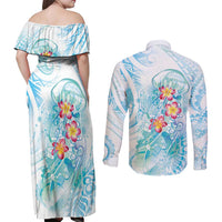 Sea Blue Polynesian Jellyfish Couples Matching Off Shoulder Maxi Dress and Long Sleeve Button Shirt Watercolor Glows - Polynesian Pride