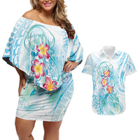 Sea Blue Polynesian Jellyfish Couples Matching Off Shoulder Short Dress and Hawaiian Shirt Watercolor Glows - Polynesian Pride