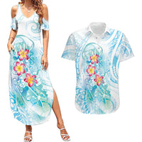 Sea Blue Polynesian Jellyfish Couples Matching Summer Maxi Dress and Hawaiian Shirt Watercolor Glows - Polynesian Pride