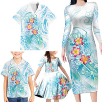 Sea Blue Polynesian Jellyfish Family Matching Long Sleeve Bodycon Dress and Hawaiian Shirt Watercolor Glows - Polynesian Pride