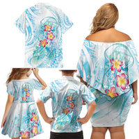 Sea Blue Polynesian Jellyfish Family Matching Off Shoulder Short Dress and Hawaiian Shirt Watercolor Glows - Polynesian Pride