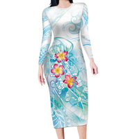 Sea Blue Polynesian Jellyfish Long Sleeve Bodycon Dress Watercolor Glows - Polynesian Pride