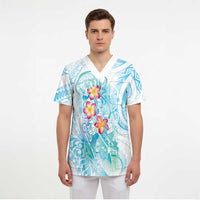 Sea Blue Polynesian Jellyfish Scrub Top Watercolor Glows - Polynesian Pride