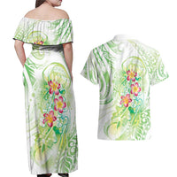 Summer Green Polynesian Jellyfish Couples Matching Off Shoulder Maxi Dress and Hawaiian Shirt Watercolor Glows - Polynesian Pride