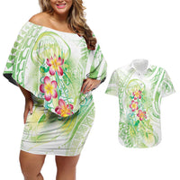 Summer Green Polynesian Jellyfish Couples Matching Off Shoulder Short Dress and Hawaiian Shirt Watercolor Glows - Polynesian Pride