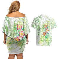 Summer Green Polynesian Jellyfish Couples Matching Off Shoulder Short Dress and Hawaiian Shirt Watercolor Glows - Polynesian Pride