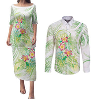 Summer Green Polynesian Jellyfish Couples Matching Puletasi and Long Sleeve Button Shirt Watercolor Glows - Polynesian Pride