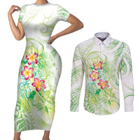 Summer Green Polynesian Jellyfish Couples Matching Short Sleeve Bodycon Dress and Long Sleeve Button Shirt Watercolor Glows - Polynesian Pride