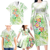 Summer Green Polynesian Jellyfish Family Matching Long Sleeve Bodycon Dress and Hawaiian Shirt Watercolor Glows - Polynesian Pride