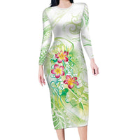 Summer Green Polynesian Jellyfish Long Sleeve Bodycon Dress Watercolor Glows - Polynesian Pride