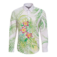 Summer Green Polynesian Jellyfish Long Sleeve Button Shirt Watercolor Glows - Polynesian Pride