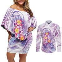Lavender Polynesian Jellyfish Couples Matching Off Shoulder Short Dress and Long Sleeve Button Shirt Watercolor Glows - Polynesian Pride