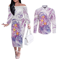 Lavender Polynesian Jellyfish Couples Matching Off The Shoulder Long Sleeve Dress and Long Sleeve Button Shirt Watercolor Glows - Polynesian Pride
