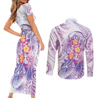 Lavender Polynesian Jellyfish Couples Matching Short Sleeve Bodycon Dress and Long Sleeve Button Shirt Watercolor Glows - Polynesian Pride