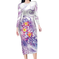Lavender Polynesian Jellyfish Long Sleeve Bodycon Dress Watercolor Glows - Polynesian Pride