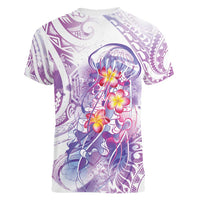 Lavender Polynesian Jellyfish Women V-Neck T-Shirt Watercolor Glows - Polynesian Pride