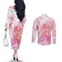 Rose Pink Polynesian Jellyfish Couples Matching Off The Shoulder Long Sleeve Dress and Long Sleeve Button Shirt Watercolor Glows - Polynesian Pride