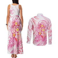 Rose Pink Polynesian Jellyfish Couples Matching Tank Maxi Dress and Long Sleeve Button Shirt Watercolor Glows - Polynesian Pride