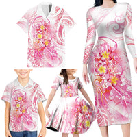 Rose Pink Polynesian Jellyfish Family Matching Long Sleeve Bodycon Dress and Hawaiian Shirt Watercolor Glows - Polynesian Pride