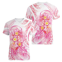 Rose Pink Polynesian Jellyfish Women V-Neck T-Shirt Watercolor Glows - Polynesian Pride