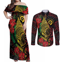 Vanuatu Meri Krismas Couples Matching Off Shoulder Maxi Dress and Long Sleeve Button Shirt Conch Shell Tribal Art LT7 Art - Polynesian Pride