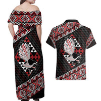 Taniko Aotearoa Couples Matching Off Shoulder Maxi Dress and Hawaiian Shirt Poutama Mix Piwakawaka