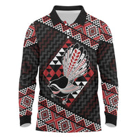Taniko Aotearoa Long Sleeve Polo Shirt Poutama Mix Piwakawaka LT7 Red - Polynesian Pride