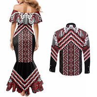 Maori Tukutuku Taniko Motifs Couples Matching Mermaid Dress and Long Sleeve Button Shirt Red Poutama Mix Kowhaiwhai