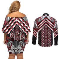 Maori Tukutuku Taniko Motifs Couples Matching Off Shoulder Short Dress and Long Sleeve Button Shirt Red Poutama Mix Kowhaiwhai