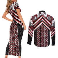Maori Tukutuku Taniko Motifs Couples Matching Short Sleeve Bodycon Dress and Long Sleeve Button Shirt Red Poutama Mix Kowhaiwhai