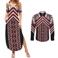 Maori Tukutuku Taniko Motifs Couples Matching Summer Maxi Dress and Long Sleeve Button Shirt Red Poutama Mix Kowhaiwhai