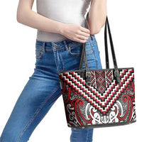 Maori Tukutuku Taniko Motifs Leather Tote Bag Red Poutama Mix Kowhaiwhai