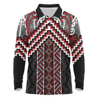 Maori Tukutuku Taniko Motifs Long Sleeve Polo Shirt Red Poutama Mix Kowhaiwhai