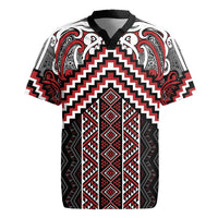 Maori Tukutuku Taniko Motifs Rugby Jersey Red Poutama Mix Kowhaiwhai