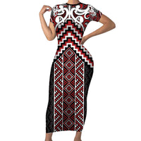 Maori Tukutuku Taniko Motifs Short Sleeve Bodycon Dress Red Poutama Mix Kowhaiwhai