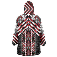 Maori Tukutuku Taniko Motifs Wearable Blanket Hoodie Red Poutama Mix Kowhaiwhai