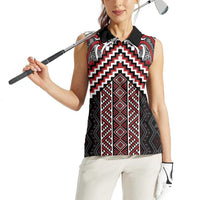 Maori Tukutuku Taniko Motifs Women Sleeveless Polo Shirt Red Poutama Mix Kowhaiwhai