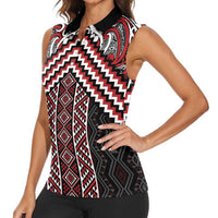 Maori Tukutuku Taniko Motifs Women Sleeveless Polo Shirt Red Poutama Mix Kowhaiwhai